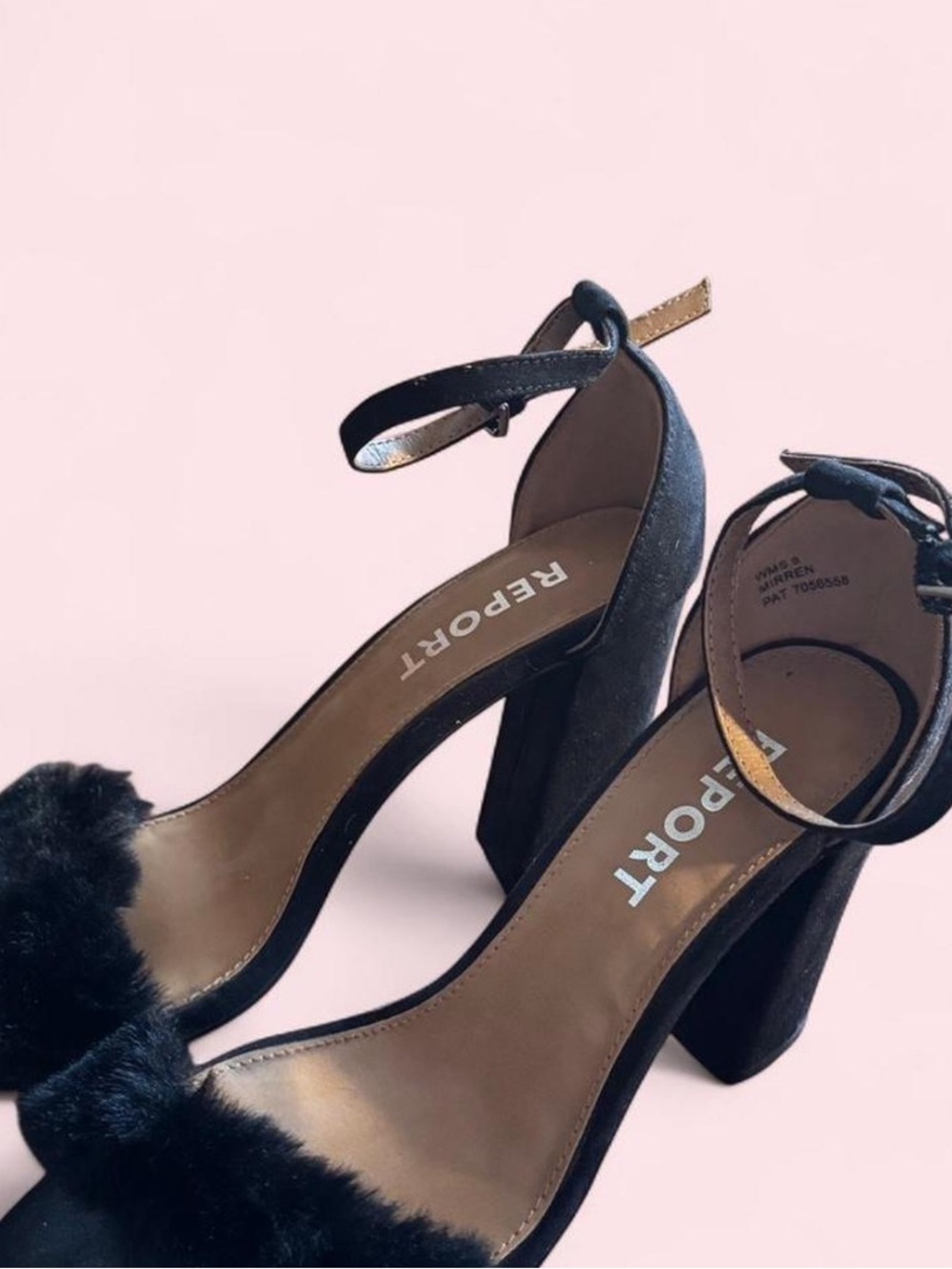 REPORT Black Faux-Fur Ankle-Strap Block Heels